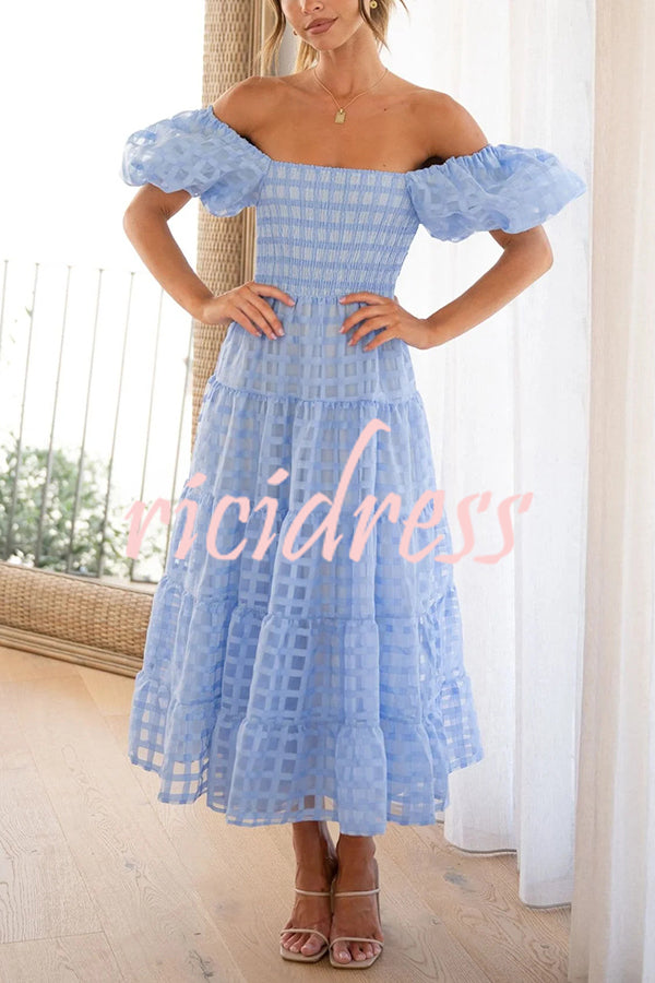 Solid Color Off-shoulder Lantern Sleeve Patchwork Midi Dress