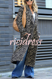 Leopard Affair Animal Print Epaulettes Long Sleeve Pocketed Lapel Midi Trench Coat