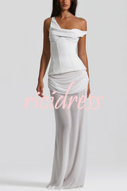 Sculptural Elegance One Shoulder Removable Corset Drape Maxi Dress
