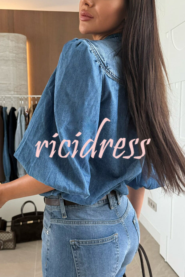 Fashion V-neck Button-down Lantern Sleeve Casual Denim Shirt