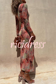 Charm Lady Mesh Overlay Tie Dye Print Long Sleeve Ruched Stretch Midi Dress