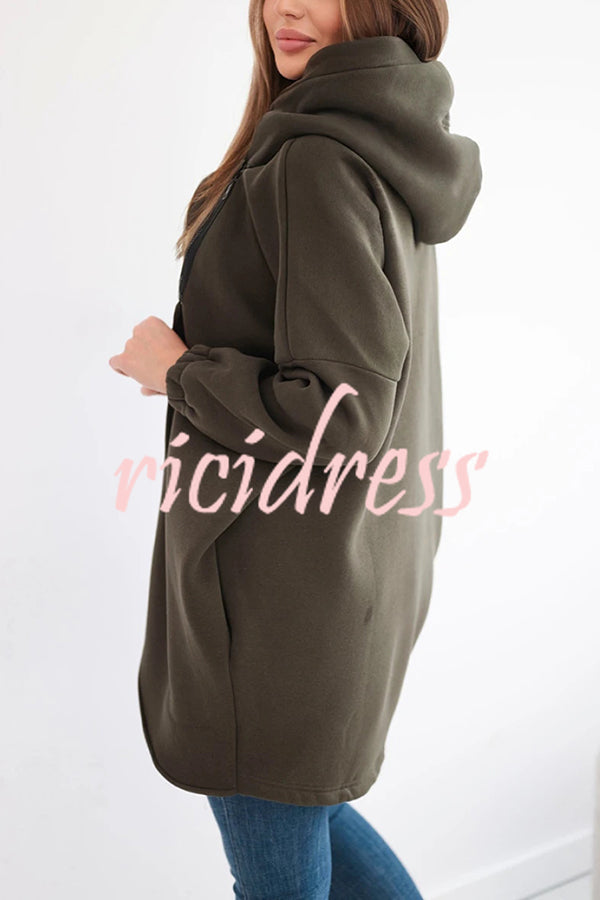 Solid Color Loose Hooded Zip-up Casual Sports Jacket