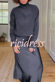 Jaelyn Solid Color Turtleneck Long Sleeve Sweater and Satin Elastic Waist Maxi Skirt Set