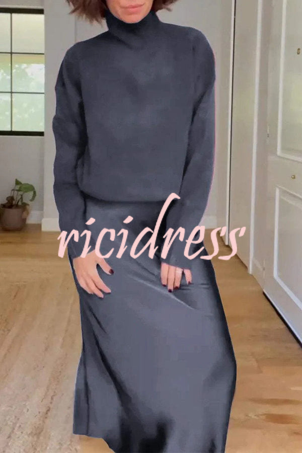 Jaelyn Solid Color Turtleneck Long Sleeve Sweater and Satin Elastic Waist Maxi Skirt Set