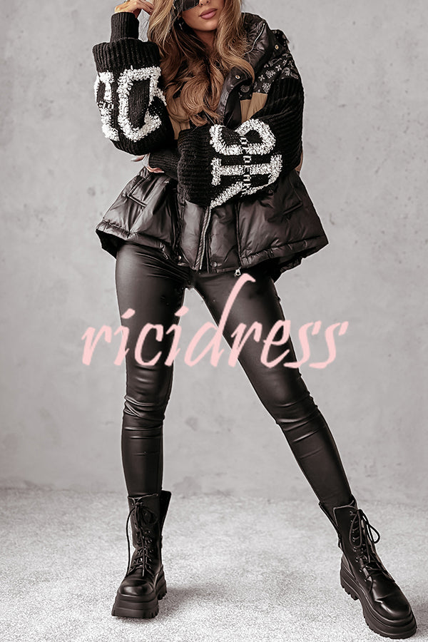 Stylish Denim Knit Long-sleeved Patchwork Hooded Pocket Thickened Jacket