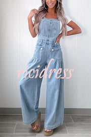 Fashion Casual Pocket Loose Wide-leg Adjustable Leg Cuffs Denim Overalls