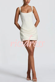 Cornelia Square Neck Back Lace-up Satin Drape Hem Mini Dress