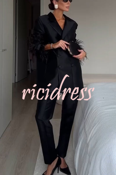 Chic Affair Satin Feather Trim Lapel Loose Blazer and High Rise Pocket Tapered Pants Set