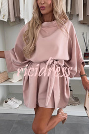 Solid Color Loose Round Neck Belted Mini Dress