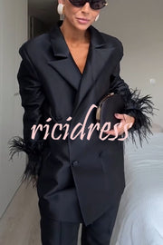 Chic Affair Satin Feather Trim Lapel Loose Blazer and High Rise Pocket Tapered Pants Set