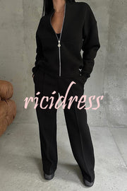 Solid Color Casual Long Sleeve Zipper Jacket and Elastic Waist Pocket Wide Leg Pants Set