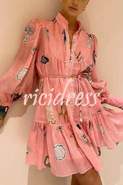 Unique Print Single Breasted Balloon Sleeve Tie Waist Ruffled Mini Dress