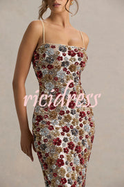 The Center of Attention Floral Print Sequin Square Neck Slip Stretch Maxi Dress