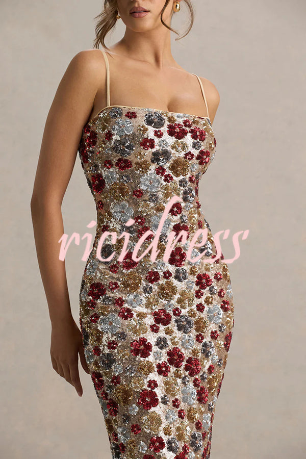 The Center of Attention Floral Print Sequin Square Neck Slip Stretch Maxi Dress