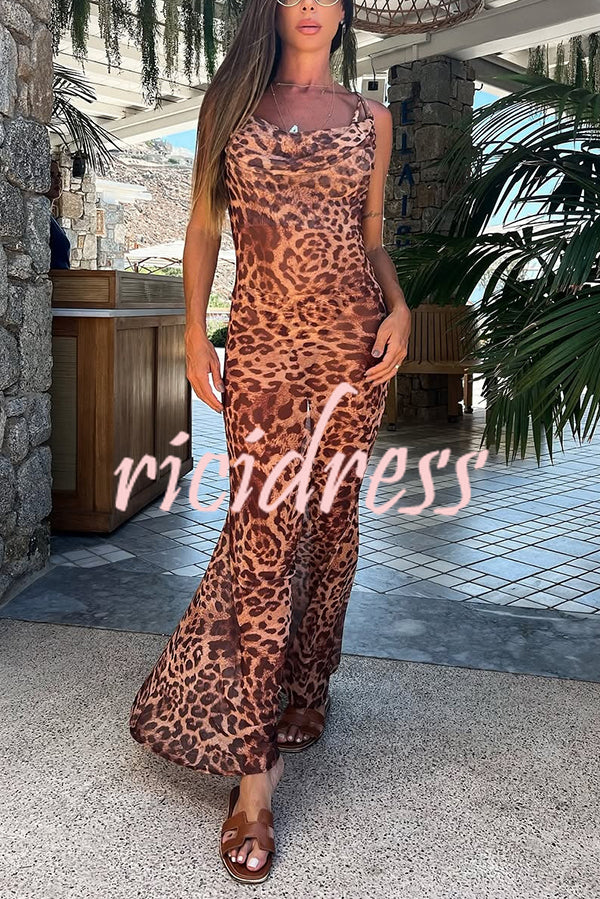 Leopard Print Sexy Strap Holiday Cover Up Maxi Dress