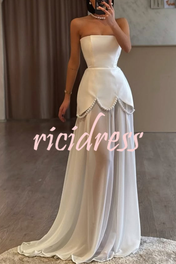 Jiya Satin Petal Hem Pearl Detail Chiffon Cape Strapless Maxi Dress