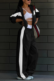 Fashionable Contrasting Long-sleeved Loose Coat and Elastic Waist Wide-leg Pants Set