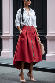 Effortless Charm Front Zipper Detail Pocketed High Low Pleated Midi Skirt