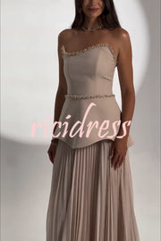 Capture The Moment Gem Trim Pleated Hem Strapless Maxi Dress