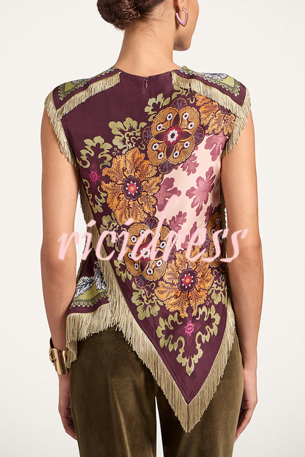 Stunning Floral Print Asymmetric Tassel Trim Scarf Top