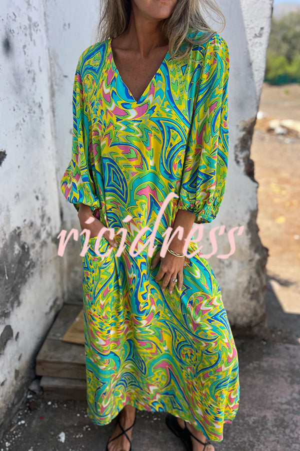 Unique Print V Neck Loose Pocket Holiday Maxi Dress