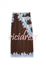 Sunday Social Contrast Color Satin Lace Trim Mid Rise Maxi Skirt