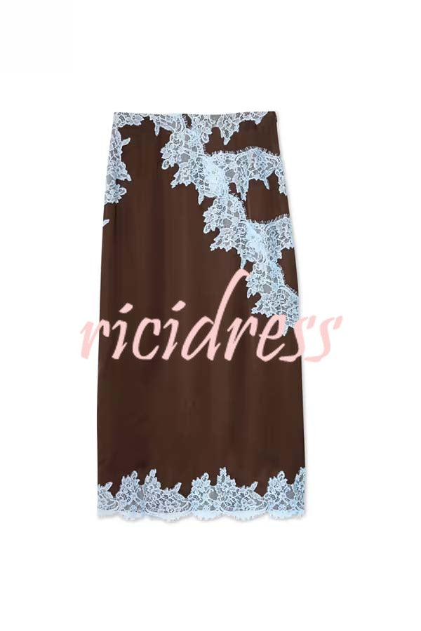 Sunday Social Contrast Color Satin Lace Trim Mid Rise Maxi Skirt