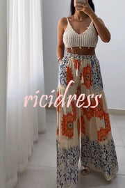 Unique Print Elastic High Waist Tie Pocket Holiday Style Wide Leg Pants