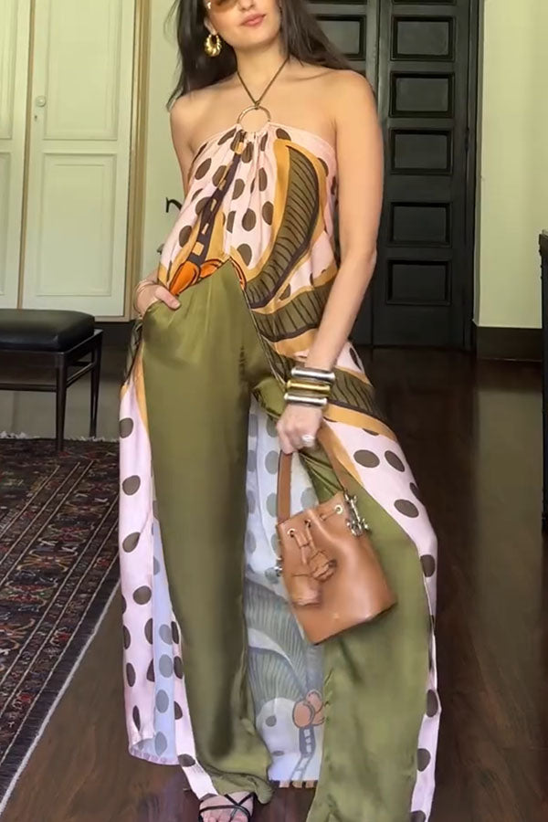 Junea Satin Polka Dot Unique Print Ring Halter Slit Midi Top and Elastic Waist Pocket Pants Set