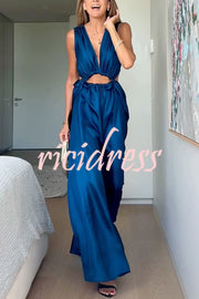 Midnight Charm Satin Ruched Cutout Tie-up Maxi Dress