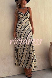 Exclusive Melody Satin Ethnic Print Smocked Back Midi Dress