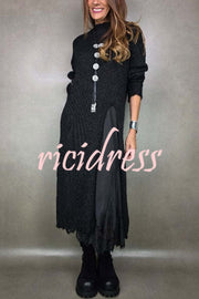 Solid Color Knitted Long-sleeved Casual Slit Midi Dress
