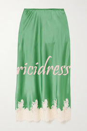 Celebration Look Contrast Color Satin Lace Trim Elastic Waist Drape Midi Skirt