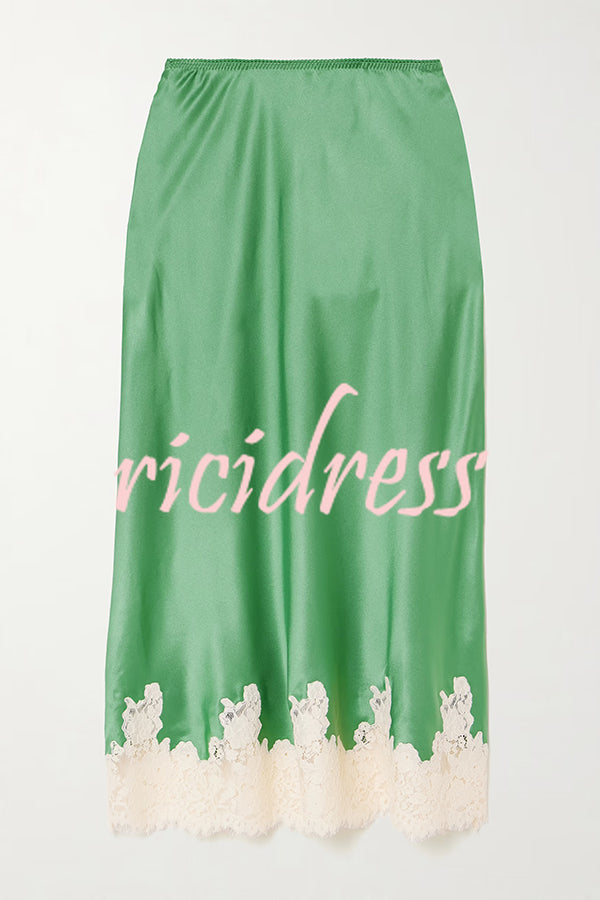 Celebration Look Contrast Color Satin Lace Trim Elastic Waist Drape Midi Skirt