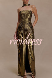 Clemence Plisse Metallic Fabric Reverse Halter Beck Strap Drape Slit Maxi Dress