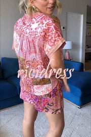 Meina Linen Blend Muti Floral Print Shirt and Elastic Waist Pocketed Shorts Set