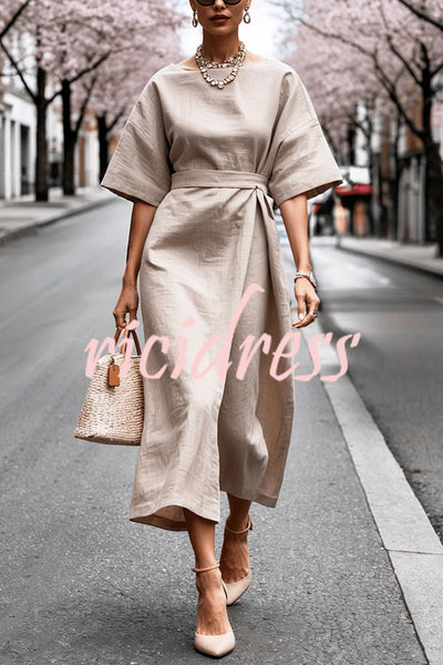 Solid Color Round Neck Half Sleeve Casual Waist Midi Dress