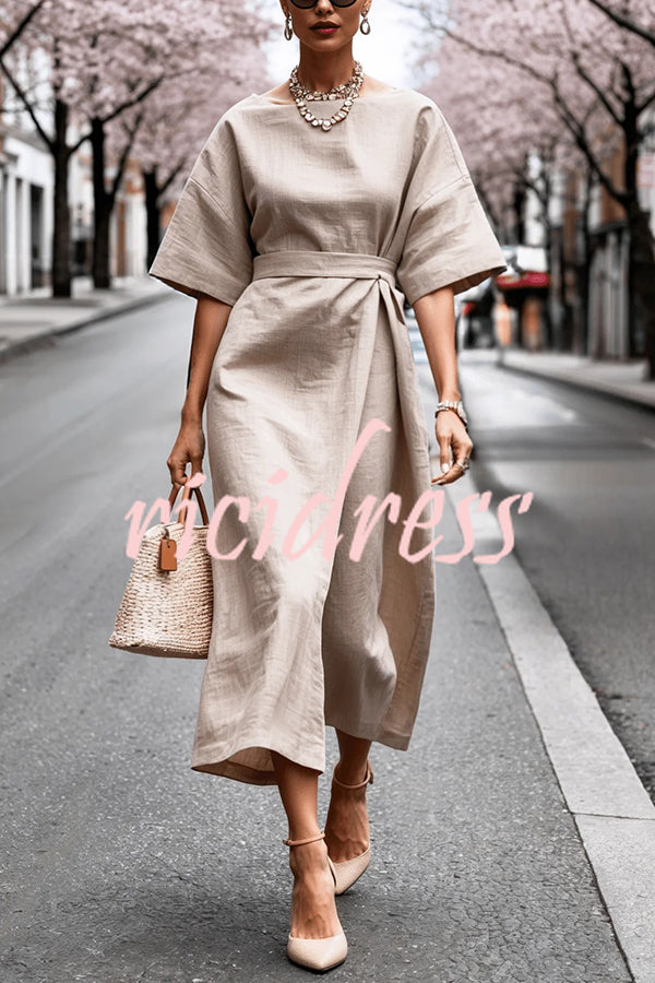Solid Color Round Neck Half Sleeve Casual Waist Midi Dress