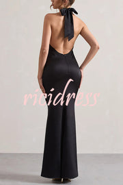 Solid Color Halter Neck Tie Sexy Backless Slim Maxi Dress