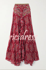 Unique Printed Chiffon Long-sleeved Loose Shirt and Elegant Ruffled Maxi Skirt Set