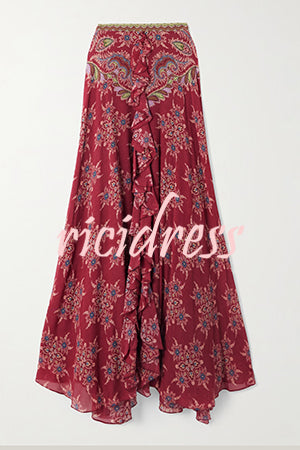 Unique Printed Chiffon Long-sleeved Loose Shirt and Elegant Ruffled Maxi Skirt Set
