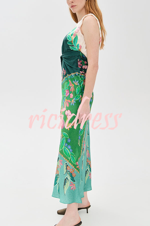 Gwen Satin Unique Print Round Neck Twisted Waist Maxi Dress