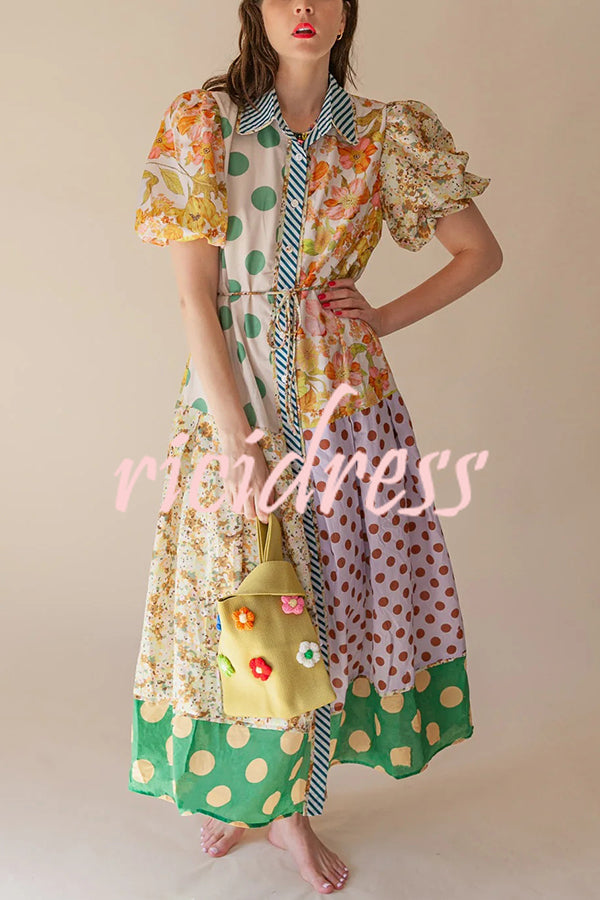 Linen Blend Unique Print Lapel Puff Sleeve Casual Midi Dress