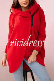 Solid Color Loose Hooded Zip-up Casual Sports Jacket