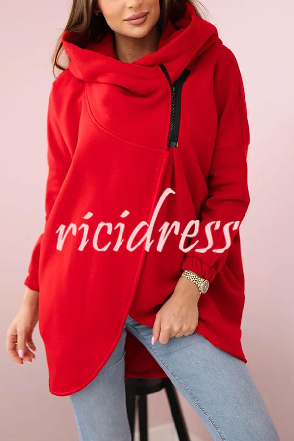 Solid Color Loose Hooded Zip-up Casual Sports Jacket