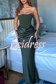 Attend The Gala Strapless Corset Satin Ruched Hip Drape Maxi Dress
