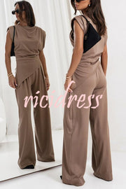 Jordy Ruched Shoulder Slit Top and Elastic Waist Pocketed Wide Leg Pants Set