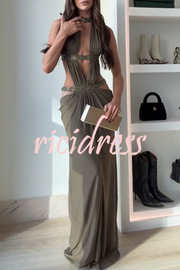 Khaki Hot-fix Rhinestone Shoulder Strap Cutout Design Backless Drape Maxi Dress