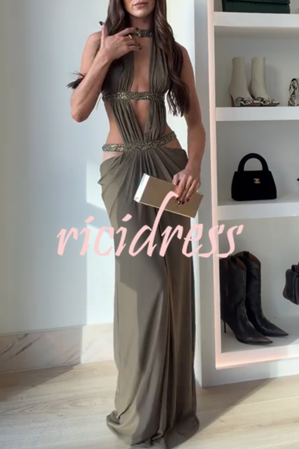Khaki Hot-fix Rhinestone Shoulder Strap Cutout Design Backless Drape Maxi Dress
