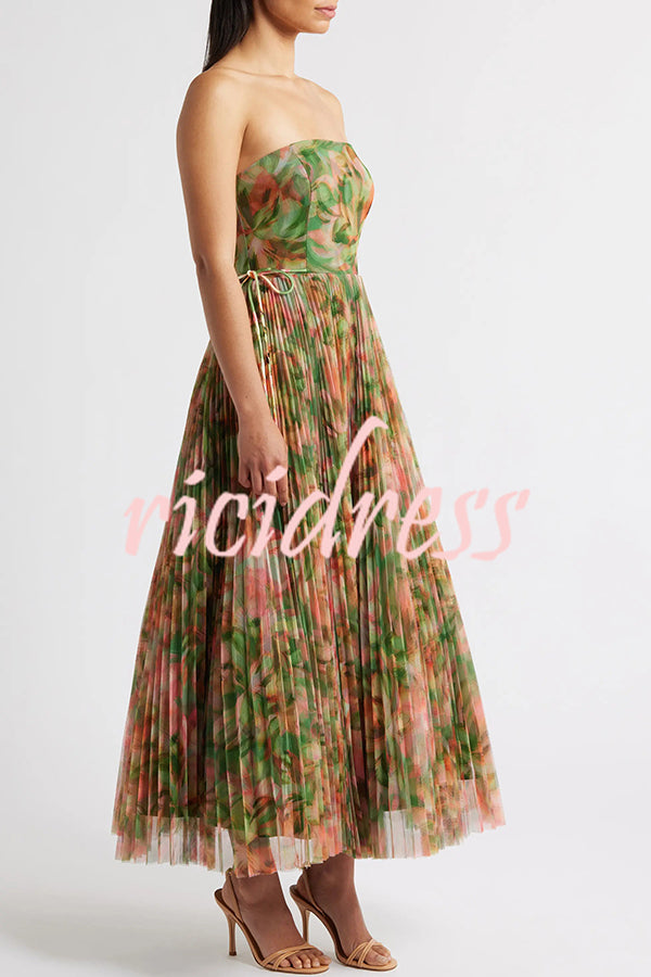 Romantic Factor Pleated Mesh Watercolor Print Bow Detail Strapless Maxi Dress